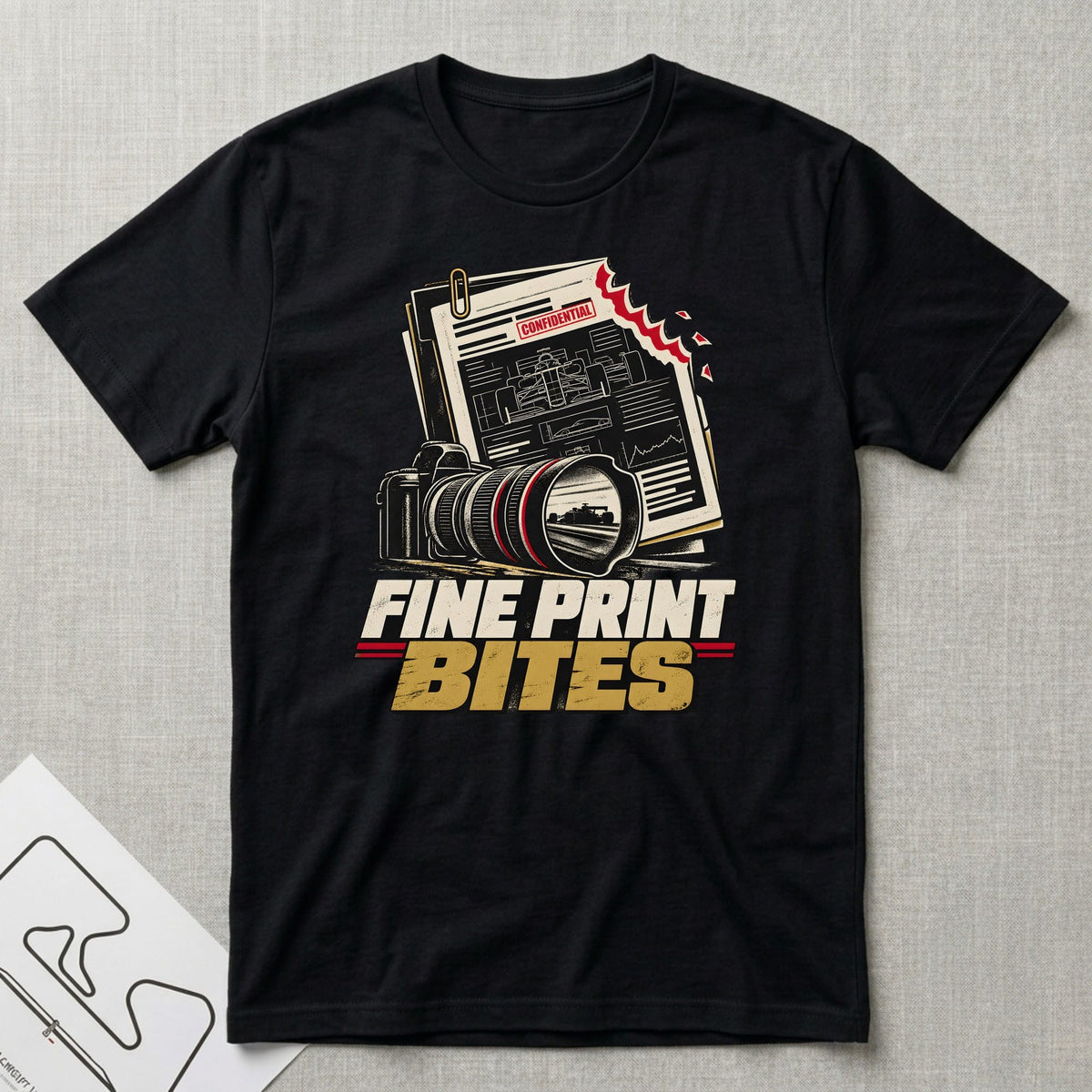 Fine Print Bites T-Shirt - Motorsport-inspired graphic tee by Apex Paddock