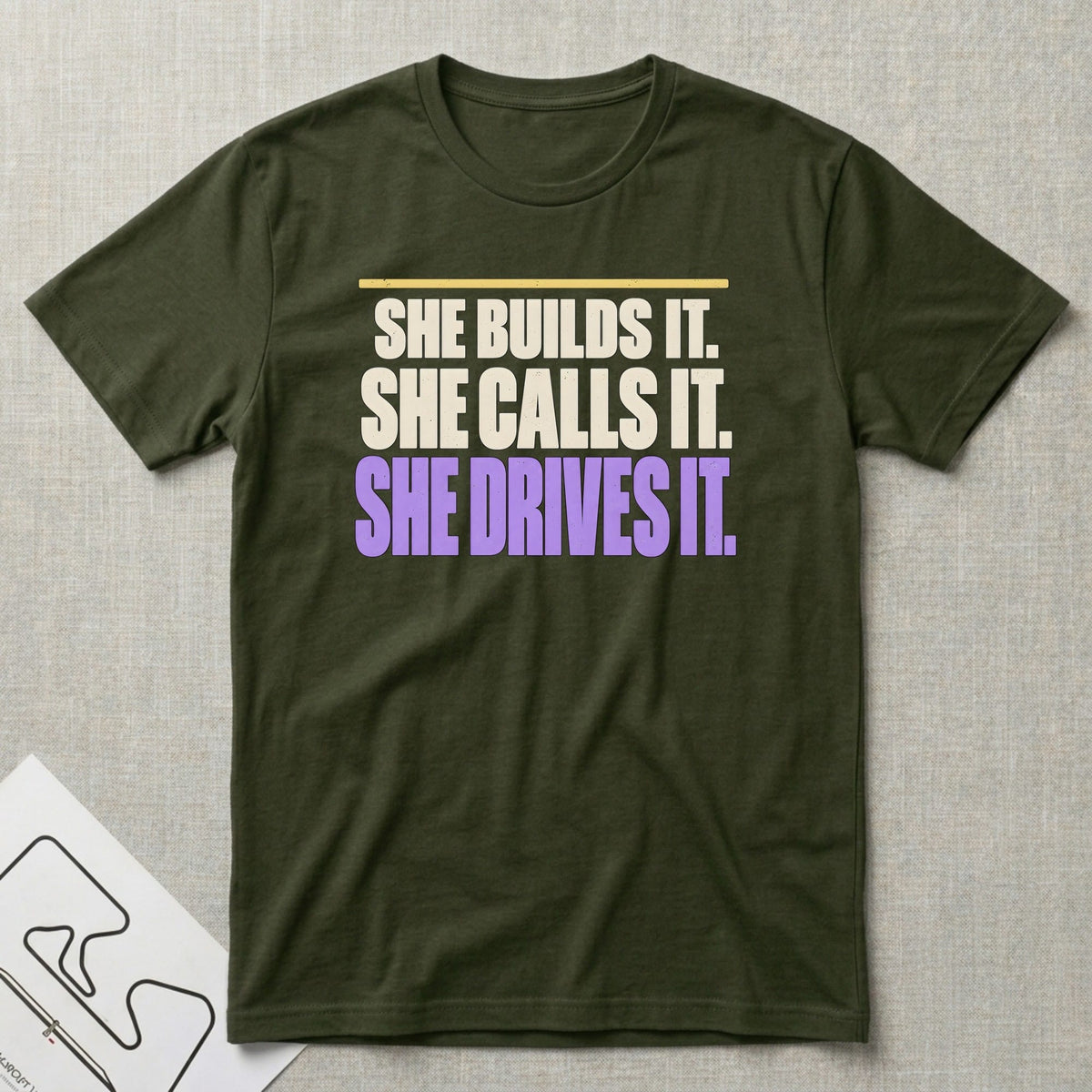 She Builds It T-Shirt - Motorsport-inspired graphic tee by Apex Paddock