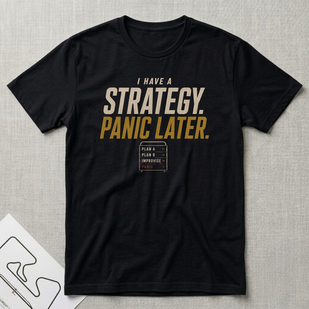 Strategy Panic T-Shirt - Motorsport-inspired graphic tee by Apex Paddock